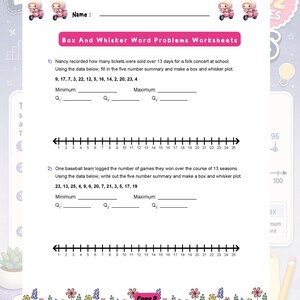 May include: A white educational worksheet titled Box And Whisker Word Problems Worksheets featuring two maths problems with data sets, blank lines for five-number summaries, and two number lines ranging from 1 to 25, decorated with small pink scooter icons.