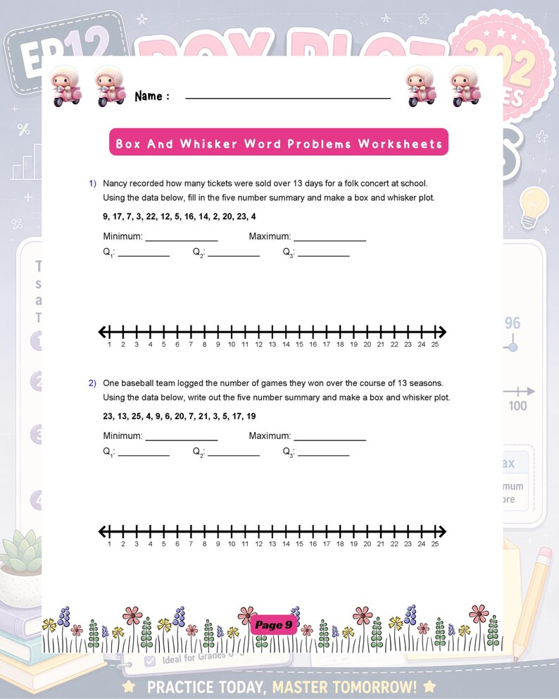May include: A white educational worksheet titled Box And Whisker Word Problems Worksheets featuring two maths problems with data sets, blank lines for five-number summaries, and two number lines ranging from 1 to 25, decorated with small pink scooter icons.