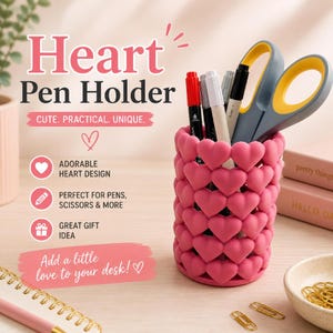 Pink Heart Pen Holder | Cute Desk Organizer | Makeup Brush Holder | 3D Printed Pencil Cup | Aesthetic Office Decor | Vanity Organizer