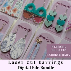 May include: A collection of laser-cut earring designs, each displayed on individual cards. The earrings showcase various shapes and colors, including floral patterns, hearts, and geometric designs. The text "Laser Cut Earrings Digital File Bundle" is visible.