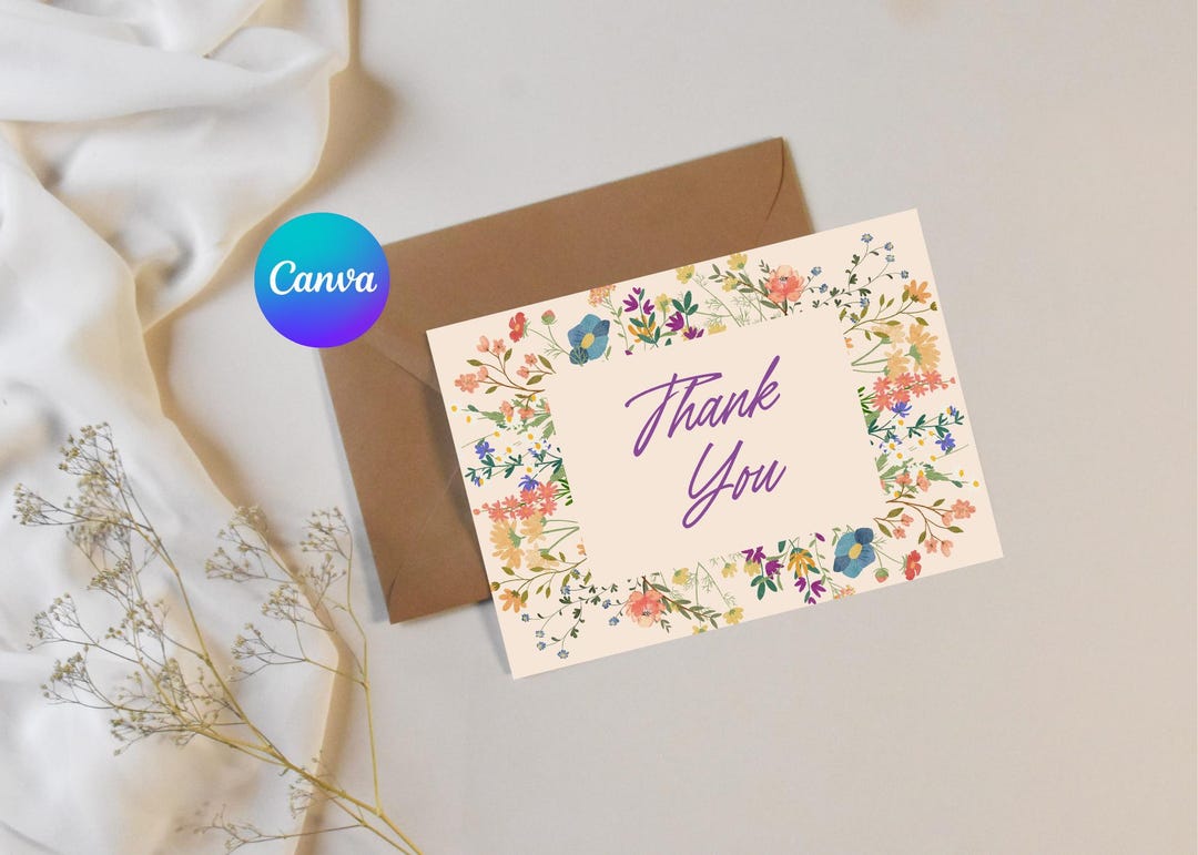 Wildflower Thank You Card Template | Editable Floral Baby Shower Card ...