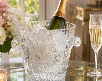 Vintage Crystal Ice Bucket, Pinwheel Starburst Crystal Barware, Heavy Lead Crystal Wine Chiller, Bohemian Style Bar Cart Decor 1980s