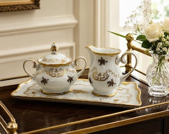 Vintage Porcelain Coffee Tea Set Reichenbach Germany Rococo Baroque 24K Gold Rose Birks Imported Tray Sugar Creamer 1960s