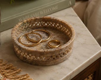 Vintage Soapstone Lattice Trinket Dish Hand Carved Pierced Stone India Vanity Decor