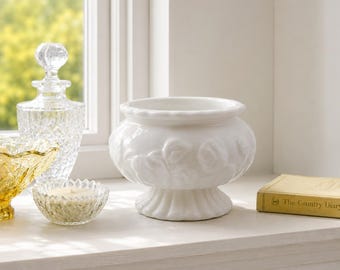 Vintage Milk Glass E.O. Brody Pedestal Bowl With Floral Ivy Pattern And Scalloped Edge