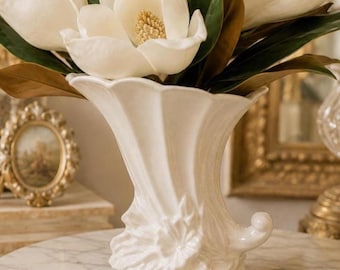 Vintage McCoy Pottery White Magnolia Cornucopia Vase Art Deco Floral Planter USA 1940s
