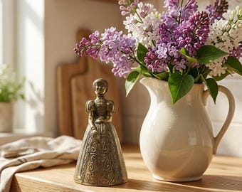 Vintage Figural Brass Handbell, English Crinoline Lady, Renaissance Revival Style 1940s-50s