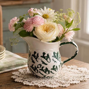 May include: A white ceramic jug featuring a dark green abstract pattern and a curved handle, filled with a bouquet of fresh flowers including a large white rose, pink carnations, and a white daisy with a yellow centre, arranged in a rounded shape.