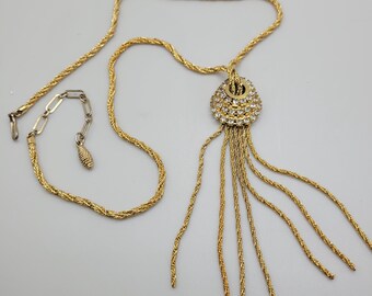 Vintage Gold Tassel Necklace Rhinestone Knot Statement Chain 1970s