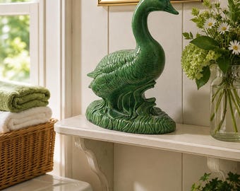 Vintage Atlantic Mold Duck Goose Sculpture Green Glaze Hand Finished 1981 Ceramic Waterfowl