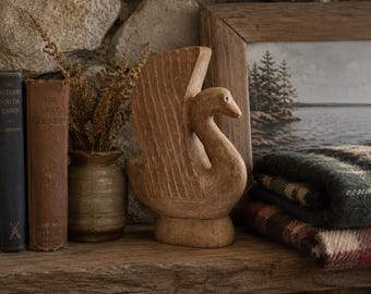 Signed Folk Art Hand-Carved Wooden Swan Sculpture by Harry Andruch, Dated 1980