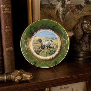 Assiette décorative vintage Arklow Pottery, motif setter anglais, vert chasseur et or, 12 cm (4,75 pouces), années 1960-1970