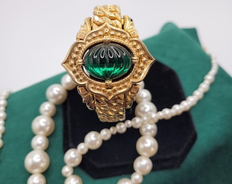 Vintage Speidel Gold Filled Expansion Bracelet Emerald Green Cabochon Sweetheart 1940s