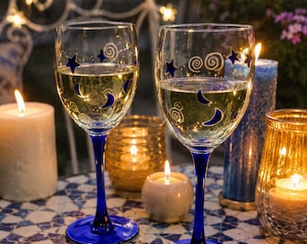 Vintage Celestial Wine Glasses Hand Painted Cobalt Blue Stem Moon Stars 1990s Set Of 2