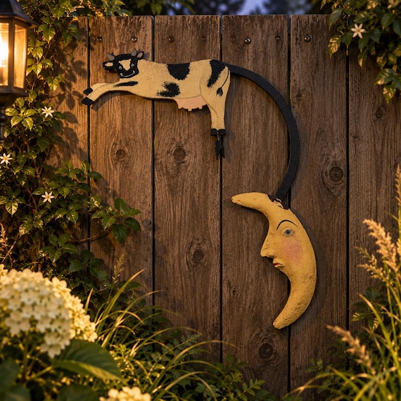 A whimsical folk-art skyhook balance toy of a cow jumping over the moon — the kind of hand-crafted kinetic curiosity you'd find in a museum gift shop and immediately buy.