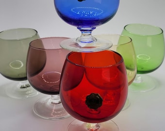 Vintage Murano Glass barware, Brandy Glasses, set of 6, Retro Italian, Colorful Set