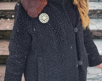 Vintage Wool Coat, Persian Lamb, Mid Century Glam Fashion, Formal, Women's Small