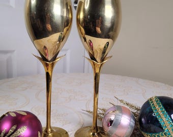 Vintage Brass Champagne Flutes Set Of 2 Tulip Goblets Indian Brass Barware 8.5 Inch 1970s
