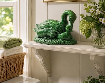 Vintage Green Duck and Ducklings Figurine – Atlantic Mold A-436, Hand-Finished 1981