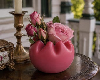 Antique Victorian Rose Bowl Pink Opalescent Milk Glass Ruffled Rim Ombre Glass Vase 4.5 Inch