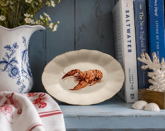 Vintage Lobster Print Liverpool Road Pottery Fine Bone China Oval Plate Gold Rim