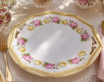 Antique PK Silesia Porcelain Serving Plate, Antique Königszelt Pink Yellow Rose Plate, Pierced Handle Floral Plate, Silesia Germany