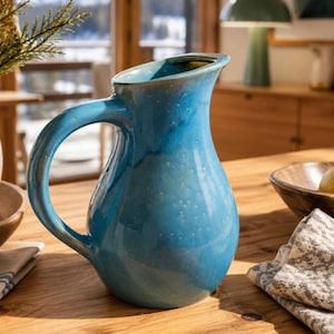 May include: A ceramic pitcher with a glossy, vibrant blue glaze featuring subtle tonal variations and a speckled texture. The vessel has a rounded body, a wide pouring spout, and a curved handle extending from the side to the upper rim.