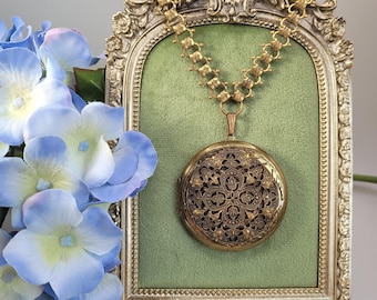 Vintage Brass Filigree Locket Necklace Albertina Style Book Chain Victorian Revival