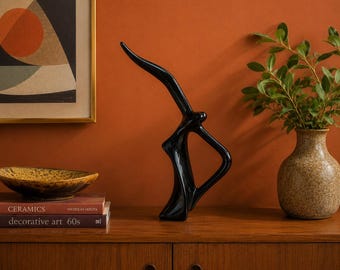 Vintage Mid Century Modern Ceramic Seagull Sculpture Black Gloss Bird Figurine 1960s
