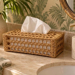 May include: A rectangular tissue box cover crafted from light brown woven rattan with a repeating circular lattice pattern. The structure features a natural tan finish and holds a stack of white facial tissues that extend from the top opening.