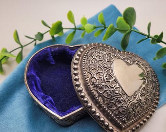 1970s Heart Shaped Jewellery Box - Silver Plated with Blue Velvet Lining