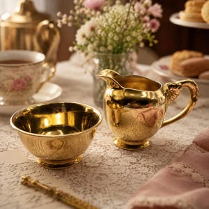 Peut inclure: Un service à thé doré, comprenant un pot à crème et un petit bol, est posé sur une nappe en dentelle. Le pot à crème a une anse décorative. Une tasse à thé avec un motif floral et un vase de fleurs sont en arrière-plan, suggérant une dégustation de thé.