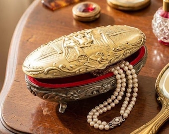 Antique Figural Jewelry Casket Repoussé Gilt Metal Romantic Carriage Scene Velvet Lined Box