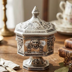 May include: A silver-toned hexagonal lidded jar with a distressed finish. The exterior features embossed lion head door knocker motifs, trees, and floral patterns. The jar stands on a pedestal base and includes a pointed, removable lid.