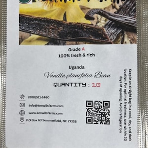 May include: A packet of ten Grade A Uganda Vanilla planifolia beans from Kenwils Farms. The label includes the USDA Organic seal, product details, and contact information. The beans are 100% fresh and rich.