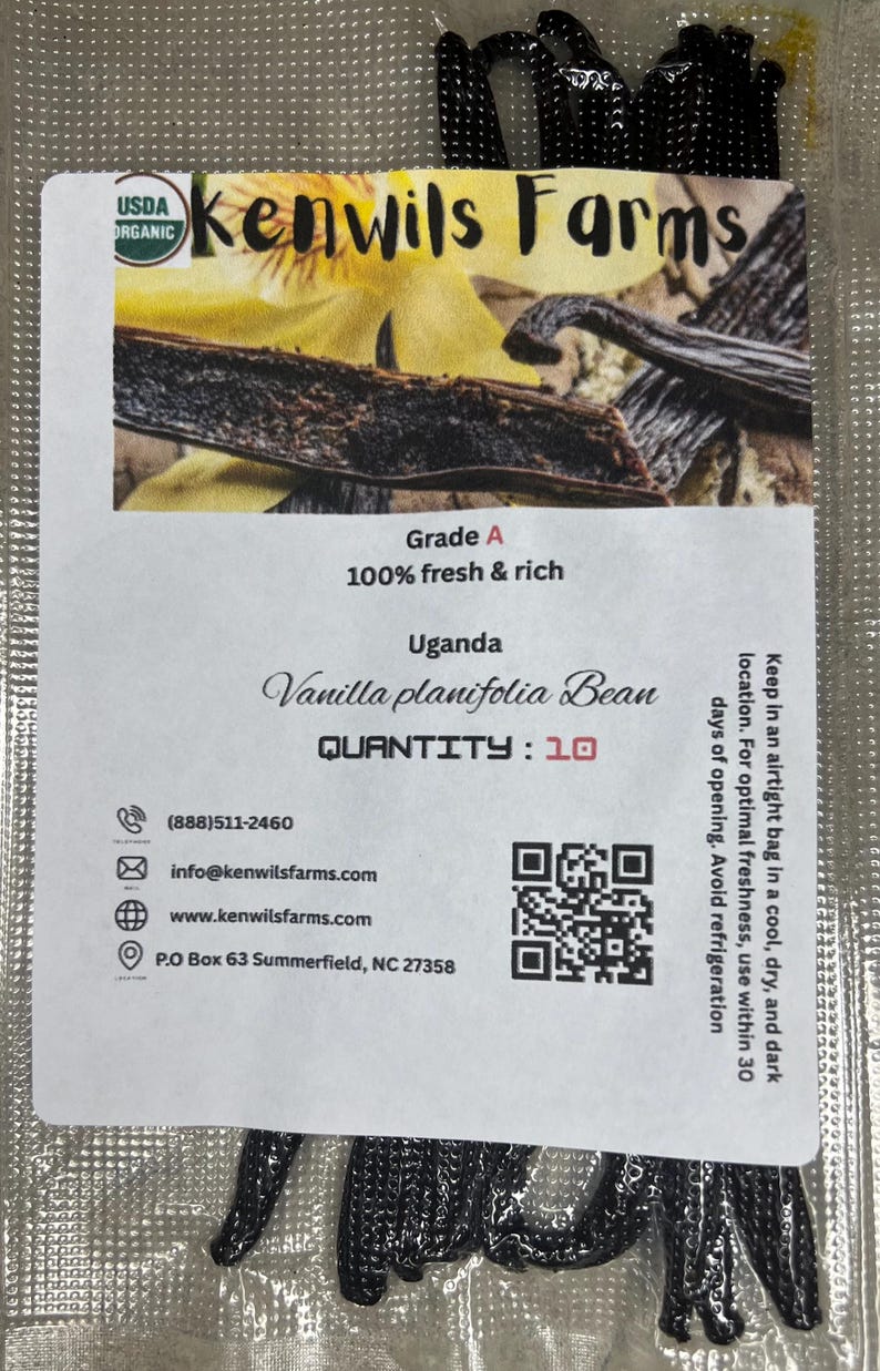 May include: A packet of ten Grade A Uganda Vanilla planifolia beans from Kenwils Farms. The label includes the USDA Organic seal, product details, and contact information. The beans are 100% fresh and rich.