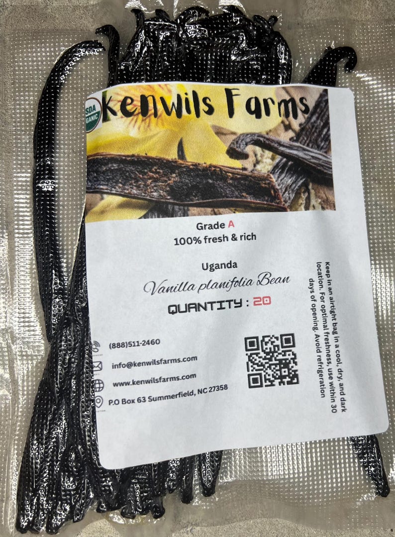 May include: A packet of Grade A Uganda Vanilla planifolia beans. The label reads "kenwils Farms" and "100% fresh & rich". The quantity is 20. The packet also includes contact information and a QR code.