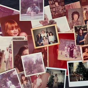 May include: A collection of vintage photographs, featuring various family portraits and snapshots. The images showcase people in different settings, including outdoor scenes, formal events, and casual gatherings. The photos have a warm, nostalgic feel.