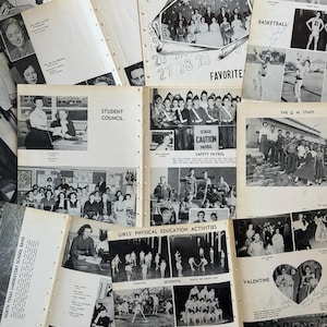 May include: A collection of vintage black and white yearbook pages from 1953. The pages feature photographs of students, school activities, and text including "December 1953," "Student Council," and "Girls' Physical Education Activities."