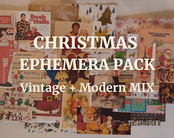 May include: A collection of Christmas ephemera with a vintage and modern mix. The image features various illustrations of Santa Claus, Christmas trees, and holiday-themed text. The text "CHRISTMAS EPHEMERA PACK Vintage + Modern MIX" is displayed prominently.