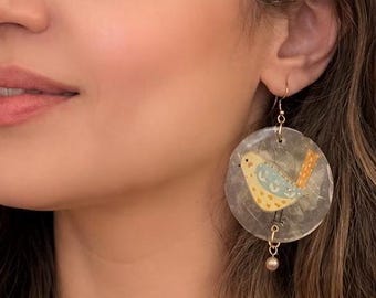 Handmade Bird Statement Earrings Colorful Acrylic & Shell Dangle Earrings