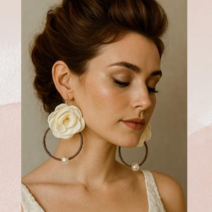 Romantic Floral Hoop Earrings – Handmade Cream Rose Statement Earrings with Pearl Detail – Lightweight Boho Chic Jewelry for Her