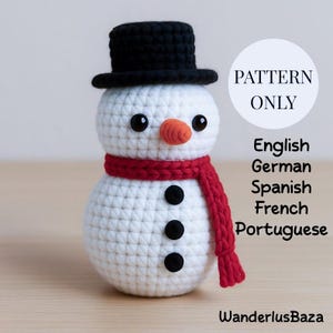 Schema all&#39;uncinetto per pupazzo di neve amigurumi in 5 lingue, tutorial in PDF in inglese, tedesco, spagnolo, francese e portoghese