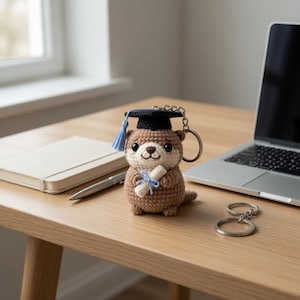 Op de afbeelding: Een gehaakte otter sleutelhanger met een zwarte afstudeerhoed met een blauwe kwast en een diploma met een blauw lint. De otter is bruin en crème van kleur. De sleutelhanger ligt op een houten bureau naast een laptop en een notitieboek.