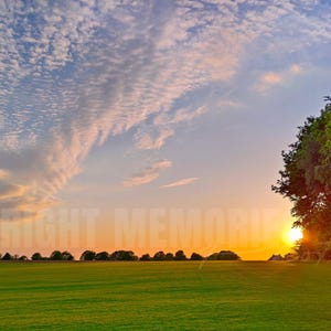 Könnte beinhalten: Eine Landschaftsaufnahme eines grünen Feldes unter einem Sonnenuntergangshimmel mit vereinzelten Wolken und einer Baumreihe auf der rechten Seite. Der Text BRIGHT MEMORIES ist mittig im Bild über der Horizontlinie von Feld und Himmel gelegt.