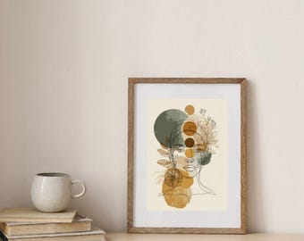 ボヘミアン風ボタニカル線画 - 花と月をあしらった神聖な女性の顔、ニュートラルなウォールアート ダウンロード