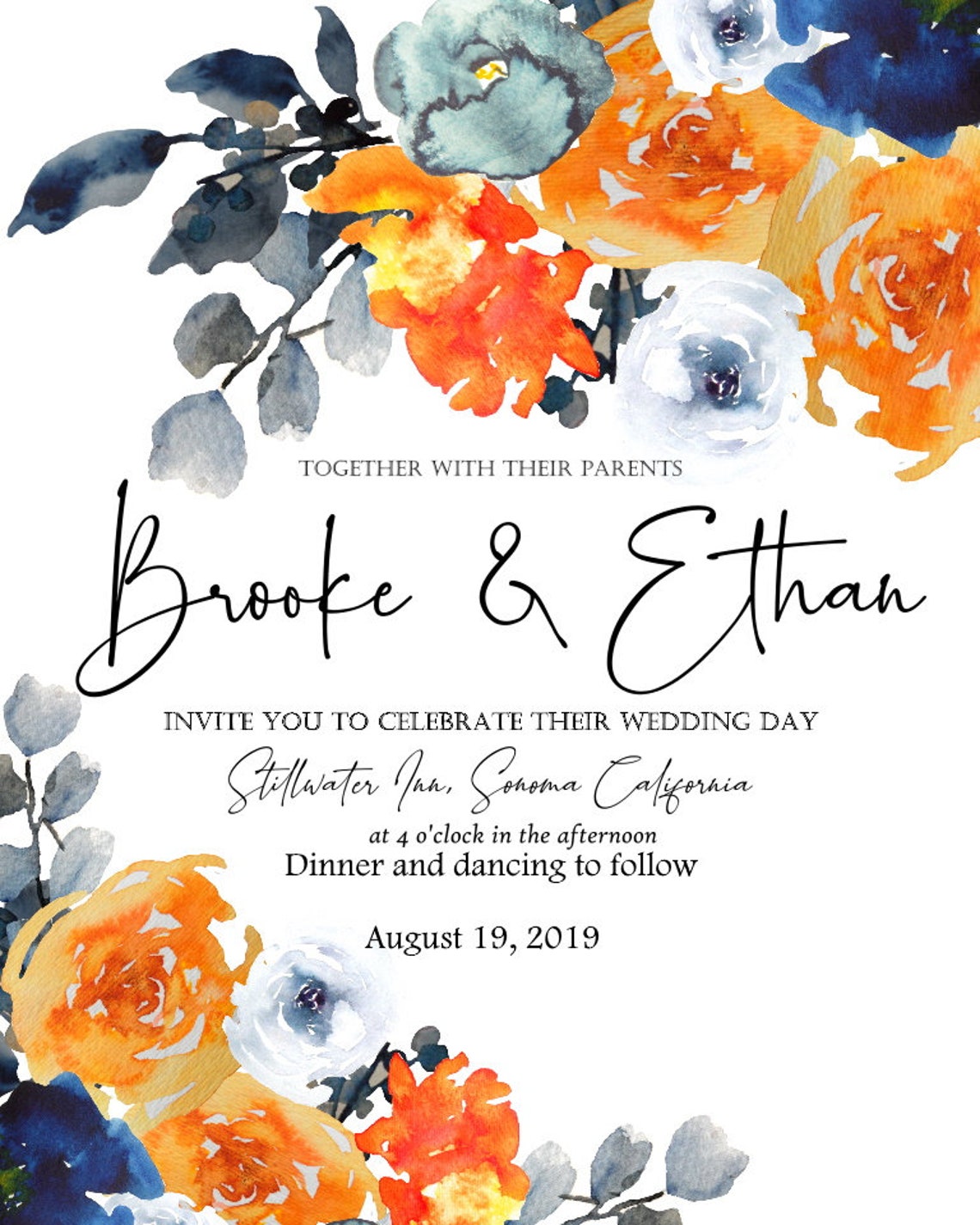 Blue Orange Flower Clipart, Floral Clip Art, Floral Bouquet Clipart