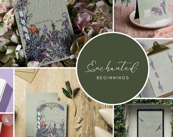 Salbei Hochzeitseinladung Set | Bearbeitbare Canva Vorlage | Romantisches Blumen Briefpapier Set | Handillustriert | Verzauberte Anfänge
