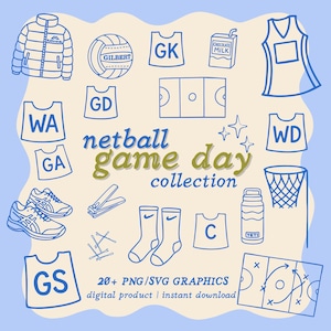 May include: A collection of blue and white netball-themed graphics. Includes a jacket, netball, bibs labeled GK, GD, WA, GA, WD, GS, a court, shoes, socks, a water bottle, a netball hoop, and text that reads "netball game day collection".