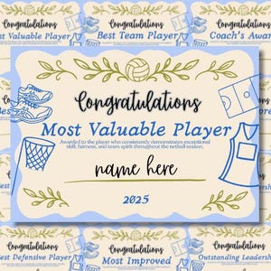 May include: A light beige certificate with blue and green accents, featuring the text "Congratulations Most Valuable Player." The certificate includes illustrations of a netball, trainers, and a netball court. The year 2025 is printed at the bottom.